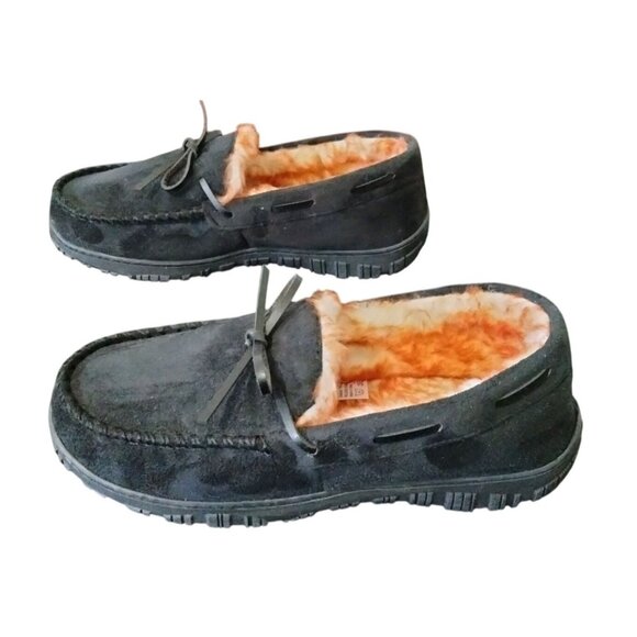 Moccasin Slippers Microsuede Upper Plush Lining Rubber Sole Black Mens Size 10 - Picture 6 of 11